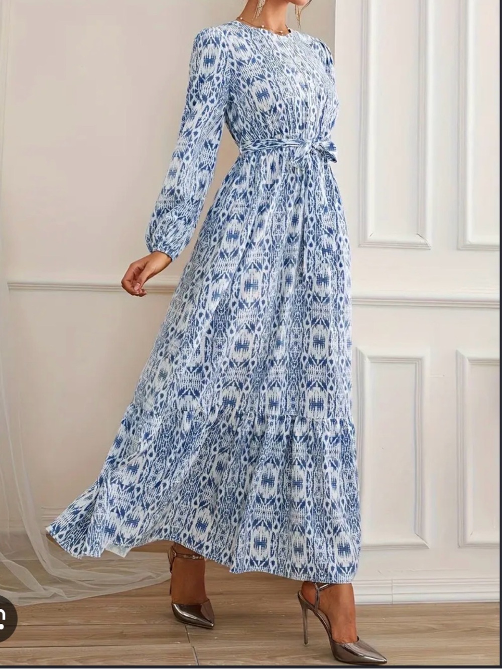 Blue Ikat Print Maxi Dress with Waist Tie - Women Dresses Maxi